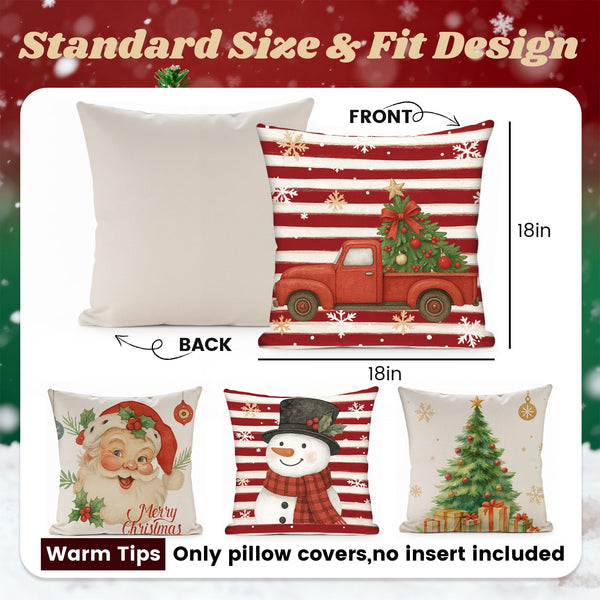 Christmas Decorations Pillow Covers 18x18 Set of 4, Red White Buffalo Plaid Cushion Cases with Snowman