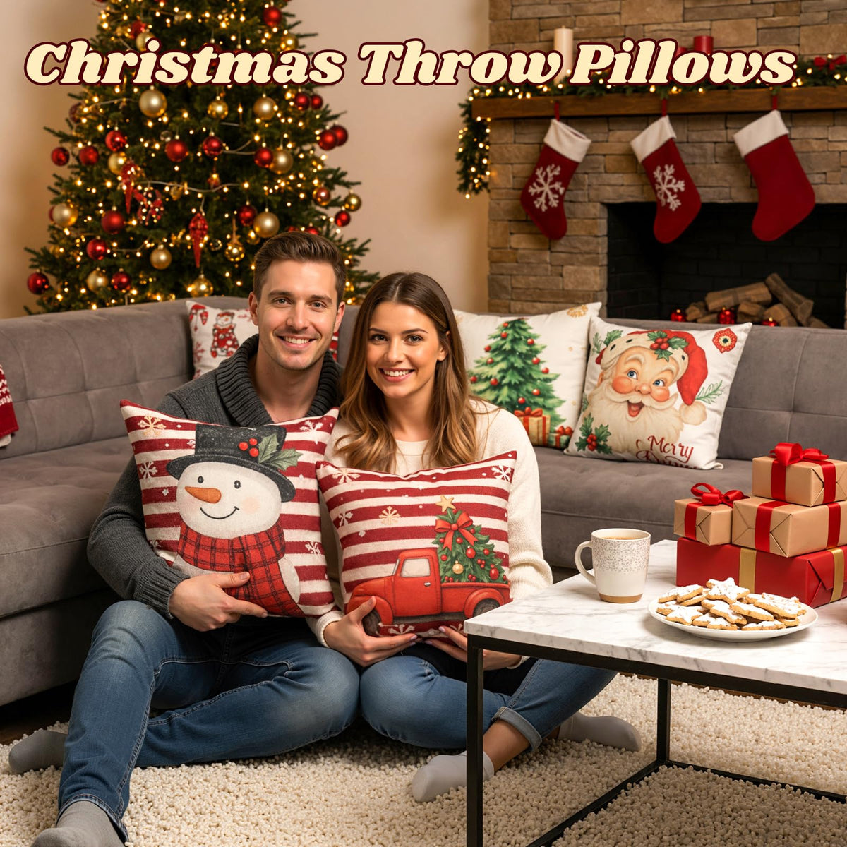 Christmas Decorations Pillow Covers 18x18 Set of 4, Red White Buffalo Plaid Cushion Cases with Snowman