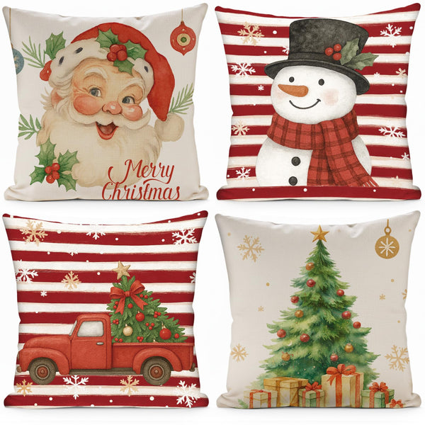 Christmas Decorations Pillow Covers 18x18 Set of 4, Red White Buffalo Plaid Cushion Cases with Snowman