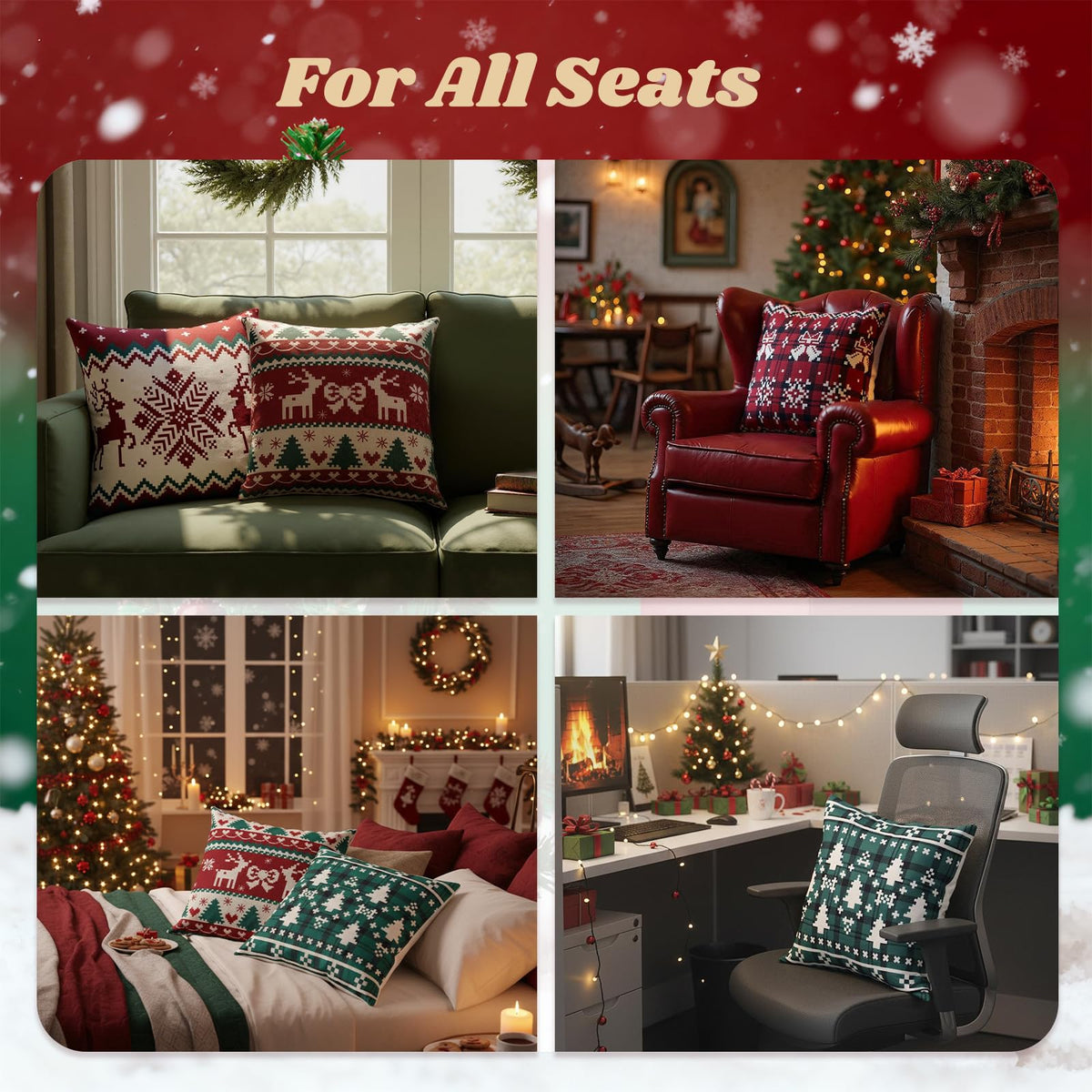 Christmas Pillow Covers, 18x18 Inch Set of 4 Red Green Home Sofa Couch Cushion