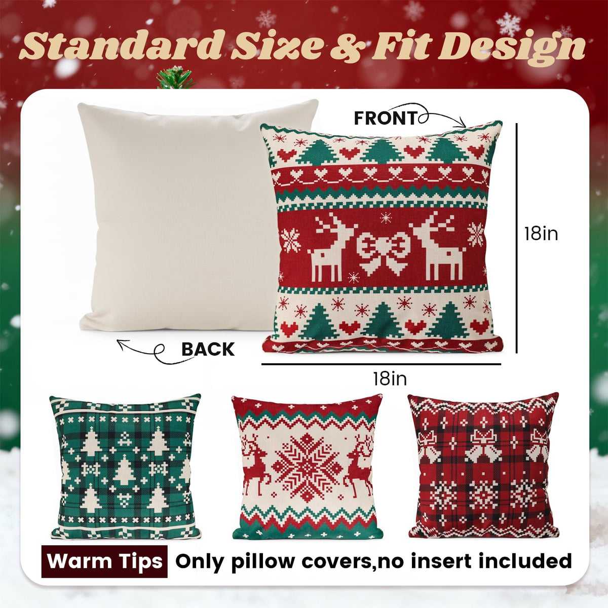 Christmas Pillow Covers, 18x18 Inch Set of 4 Red Green Home Sofa Couch Cushion