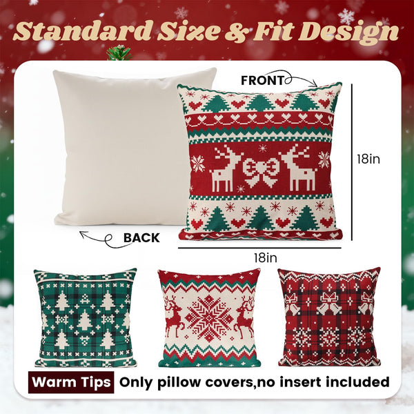 Christmas Pillow Covers, 18x18 Inch Set of 4 Red Green Home Sofa Couch Cushion