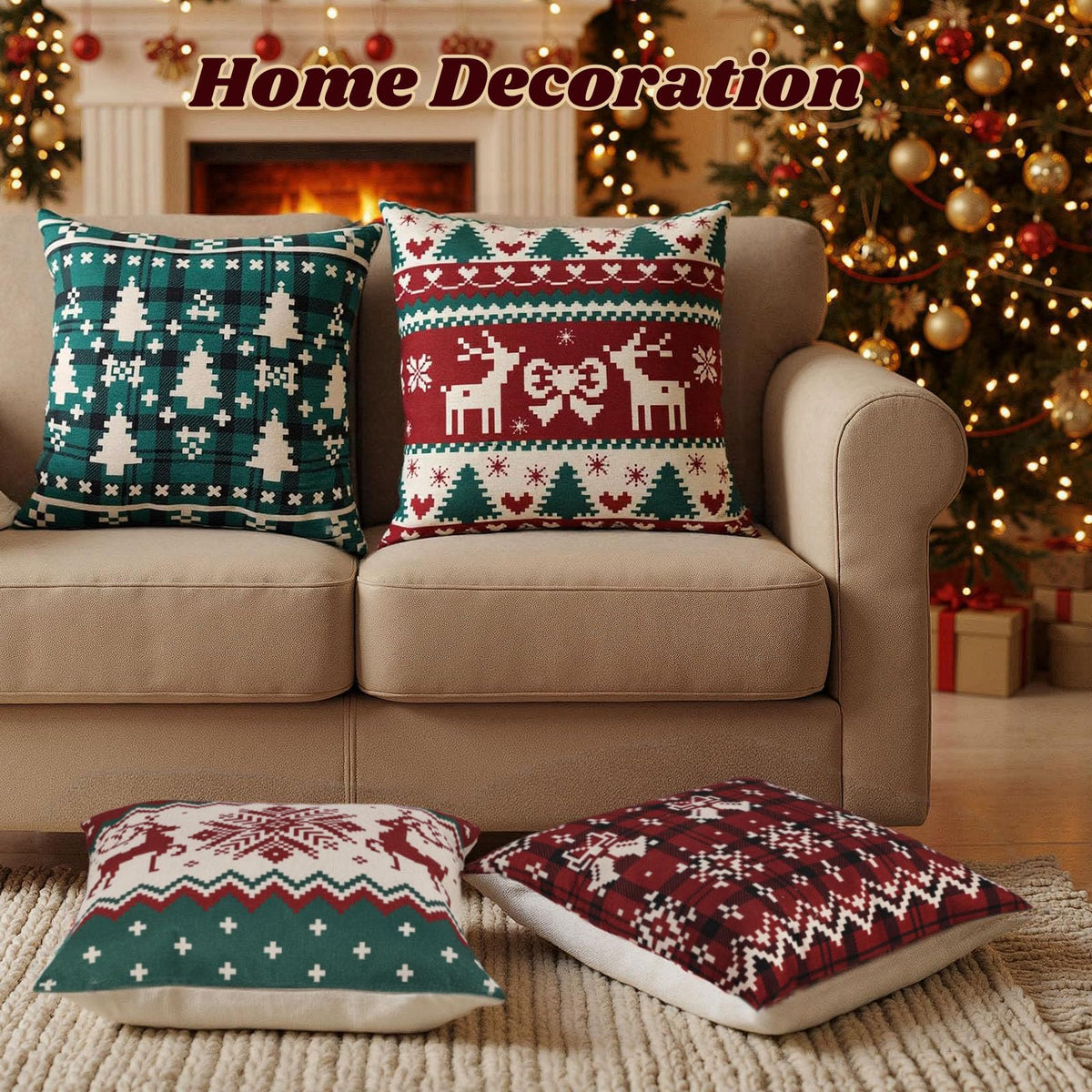 Christmas Pillow Covers, 18x18 Inch Set of 4 Red Green Home Sofa Couch Cushion