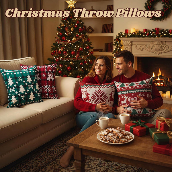 Christmas Pillow Covers, 18x18 Inch Set of 4 Red Green Home Sofa Couch Cushion
