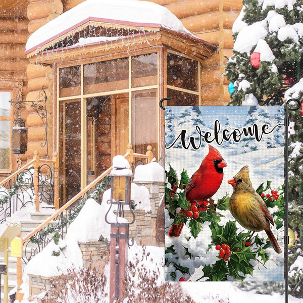 Welcome Winter Garden Flag 12x18 Inch 1-Side Burlap Red Cardinal Bird Holly Berry Snow