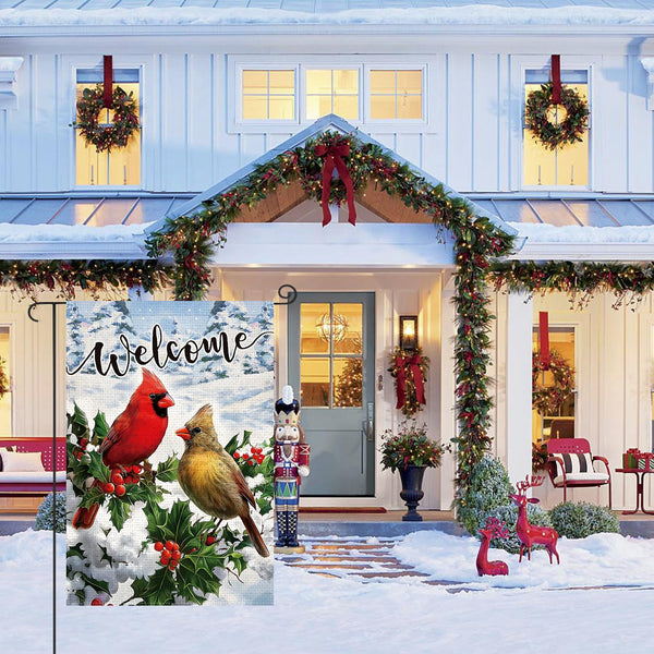 Welcome Winter Garden Flag 12x18 Inch 1-Side Burlap Red Cardinal Bird Holly Berry Snow
