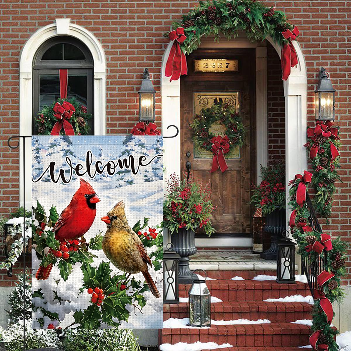 Welcome Winter Garden Flag 12x18 Inch 1-Side Burlap Red Cardinal Bird Holly Berry Snow