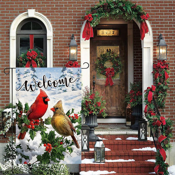 Welcome Winter Garden Flag 12x18 Inch 1-Side Burlap Red Cardinal Bird Holly Berry Snow