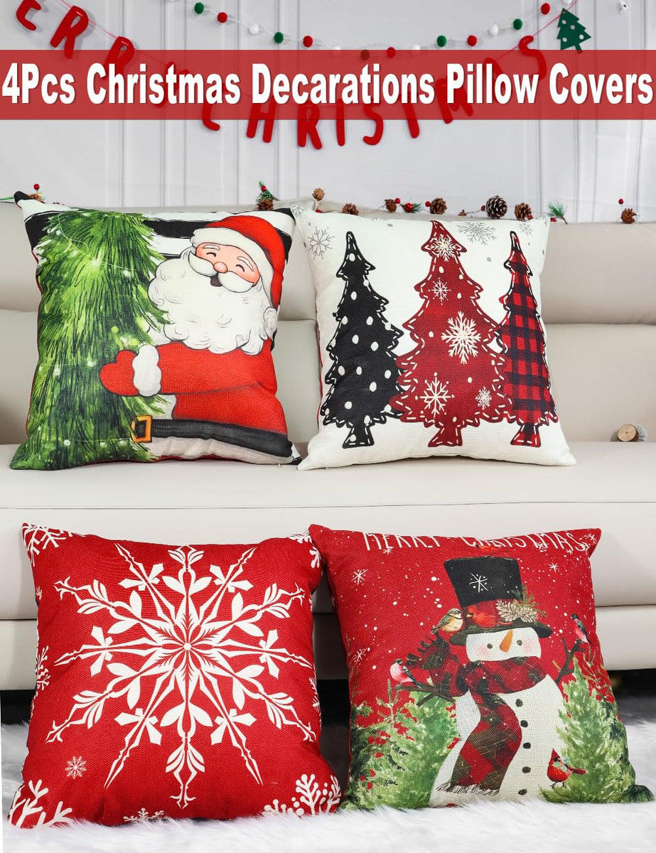 Christmas Pillow Covers 18''x18'', Set of 4, Christmas Patterns Christmas Tree, Snowman, Snowflakes