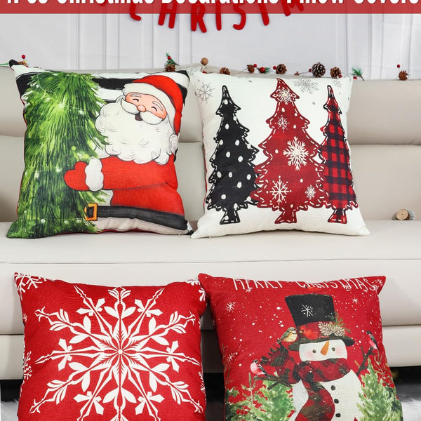Christmas Pillow Covers 18''x18'', Set of 4, Christmas Patterns Christmas Tree, Snowman, Snowflakes