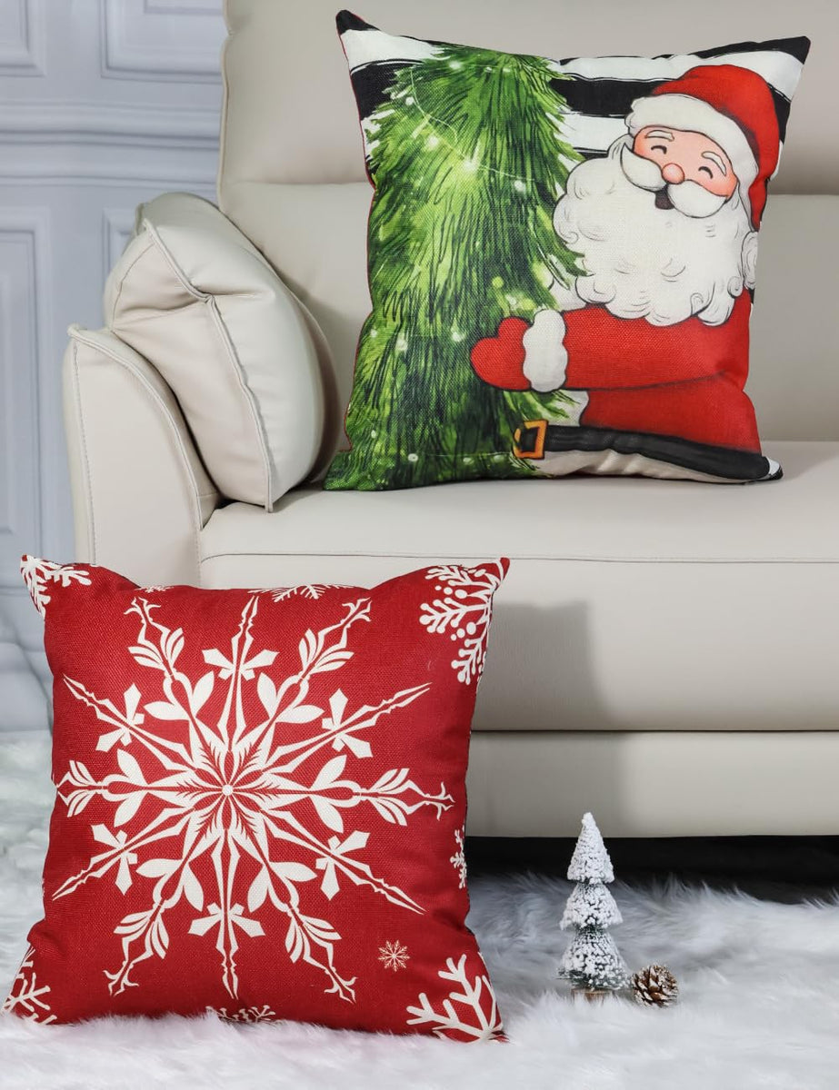 Christmas Pillow Covers 18''x18'', Set of 4, Christmas Patterns Christmas Tree, Snowman, Snowflakes