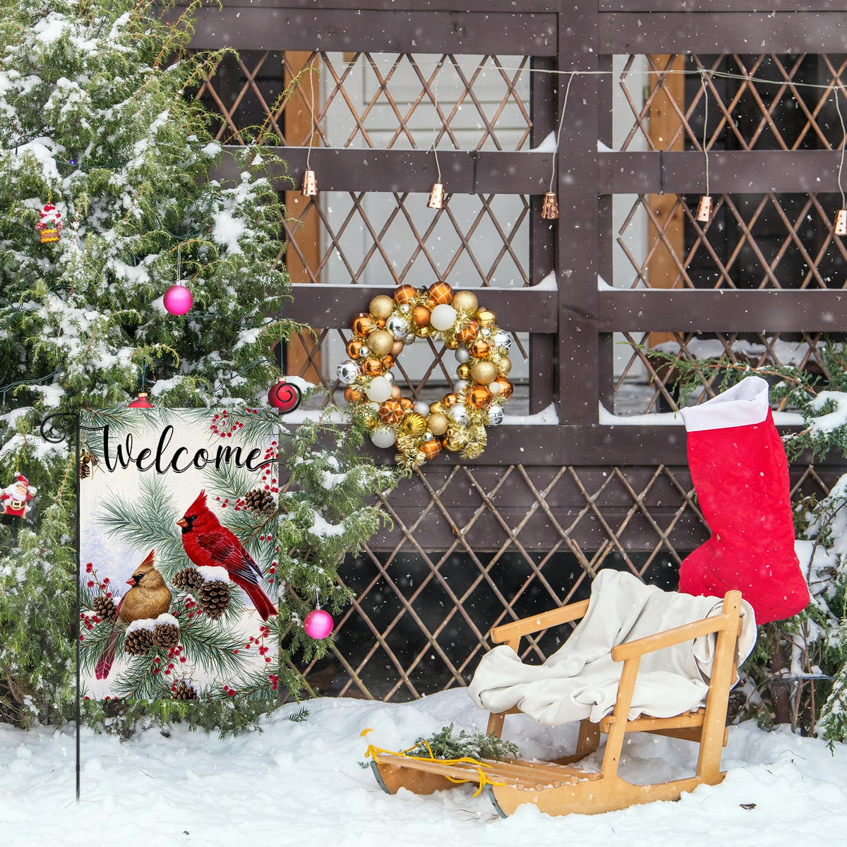 Welcome Christams Garden Flags for Outside Decoration, Cardinal Pine Twigs Berry