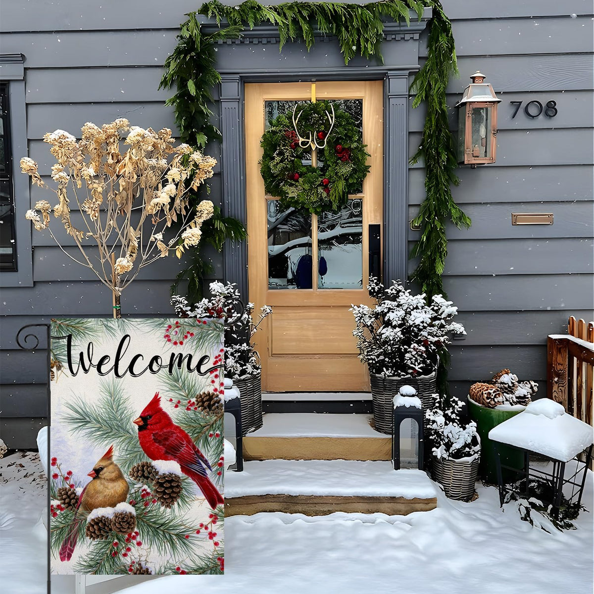 Welcome Christams Garden Flags for Outside Decoration, Cardinal Pine Twigs Berry