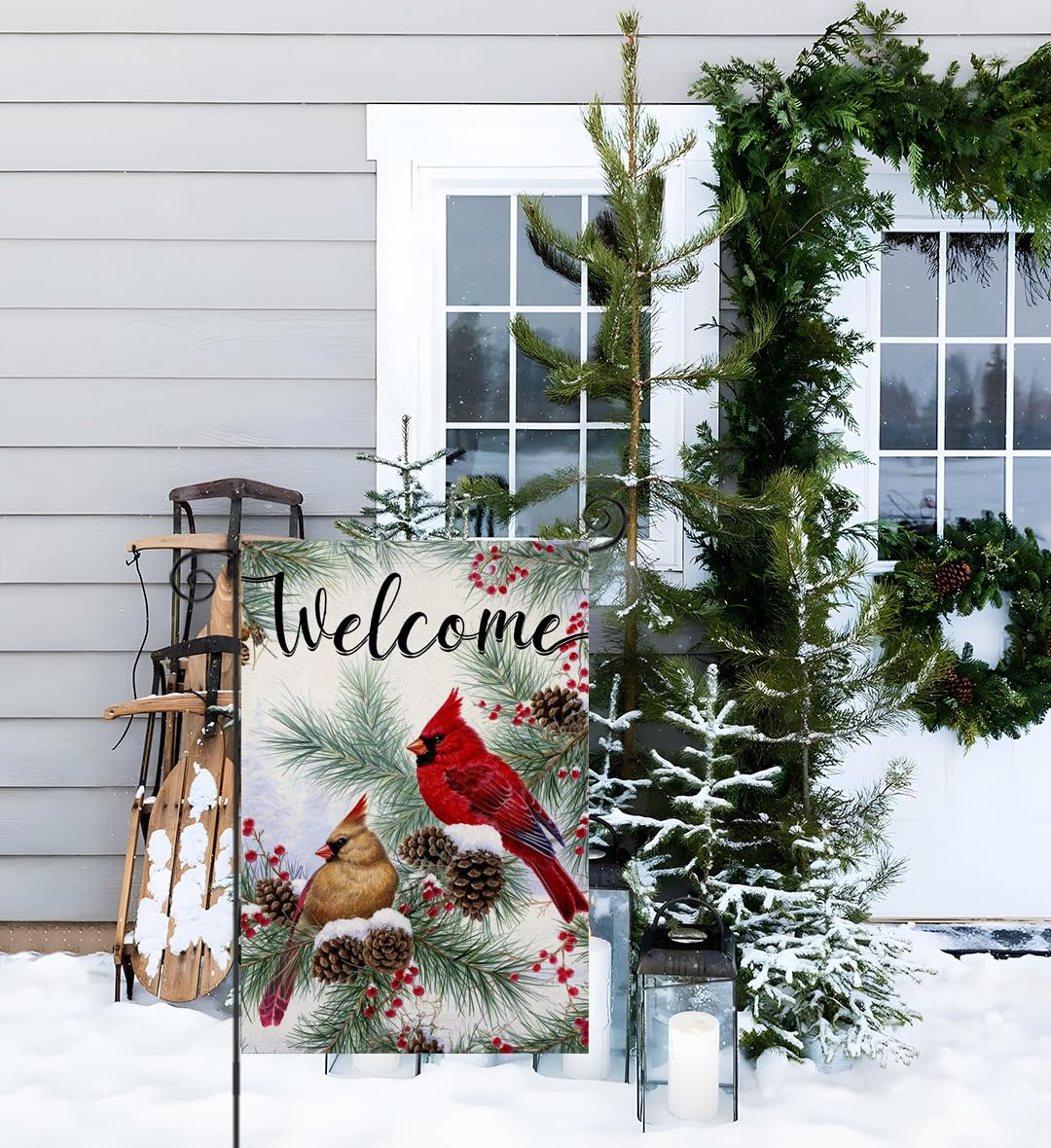 Welcome Christams Garden Flags for Outside Decoration, Cardinal Pine Twigs Berry