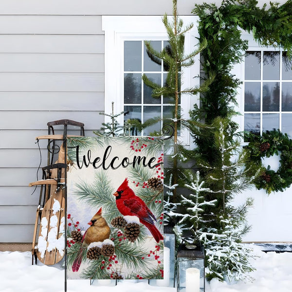 Welcome Christams Garden Flags for Outside Decoration, Cardinal Pine Twigs Berry