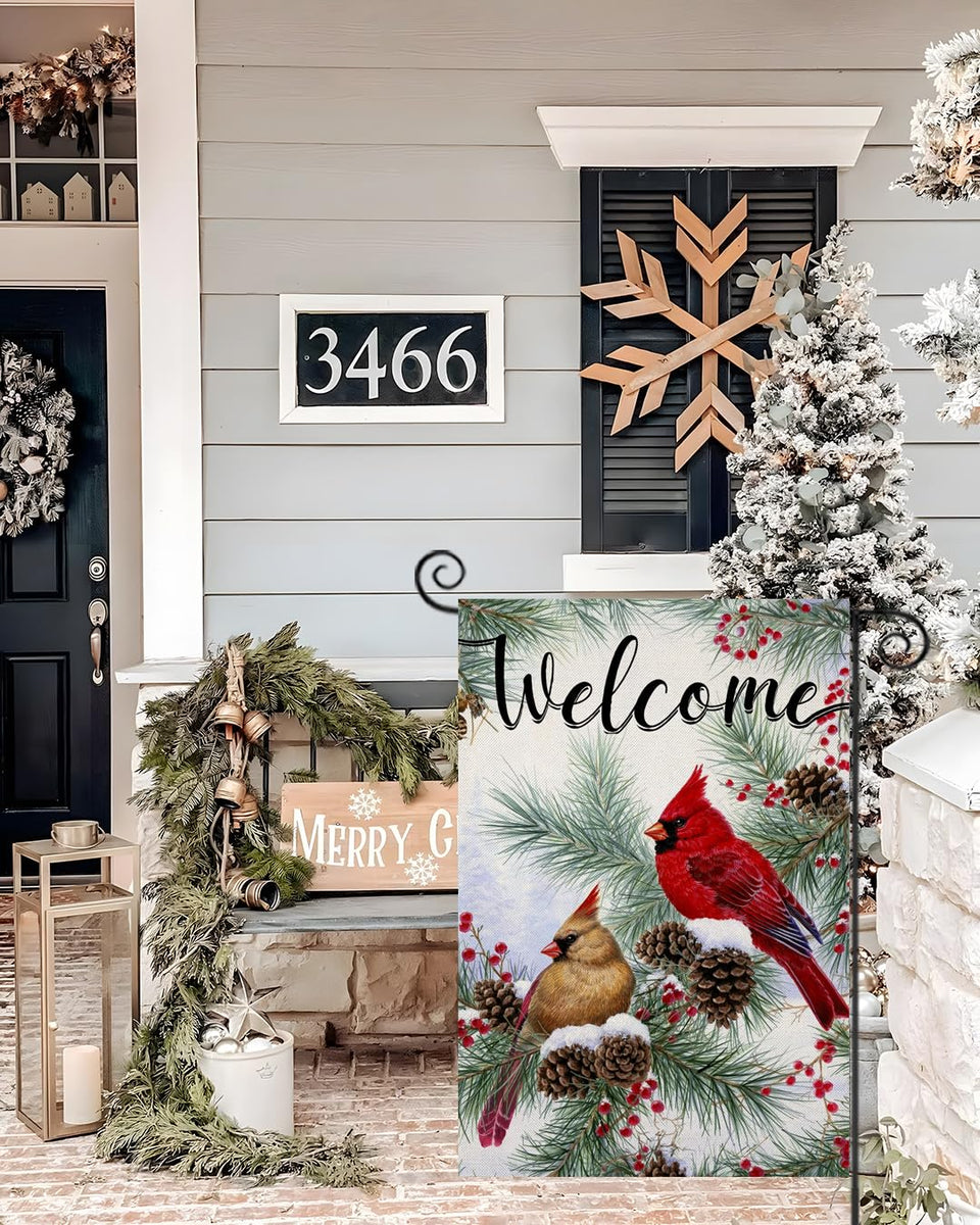 Welcome Christams Garden Flags for Outside Decoration, Cardinal Pine Twigs Berry