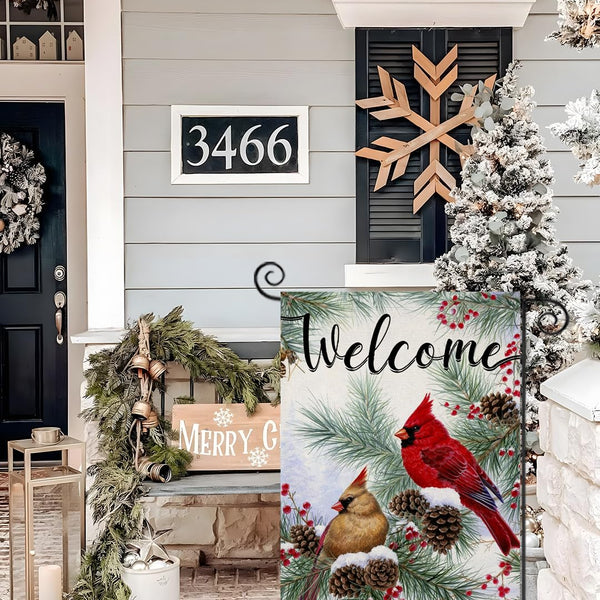 Welcome Christams Garden Flags for Outside Decoration, Cardinal Pine Twigs Berry