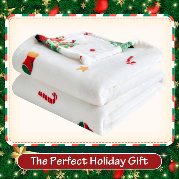 Christmas Blanket - White Holiday Throw with Santa Claus &amp; Snowman