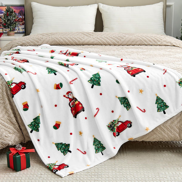 Christmas Blanket - White Holiday Throw with Santa Claus &amp; Snowman