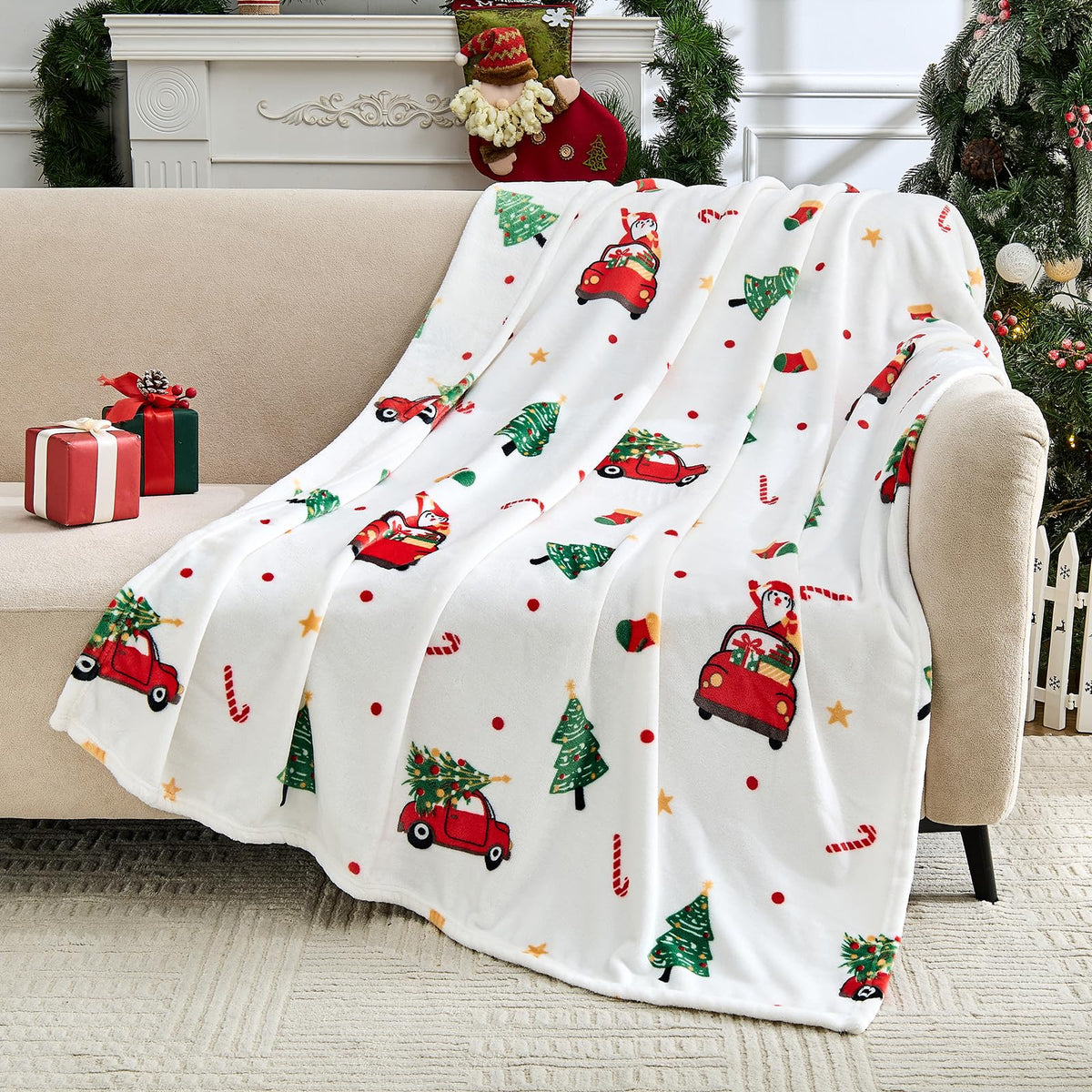 Christmas Blanket - White Holiday Throw with Santa Claus &amp; Snowman
