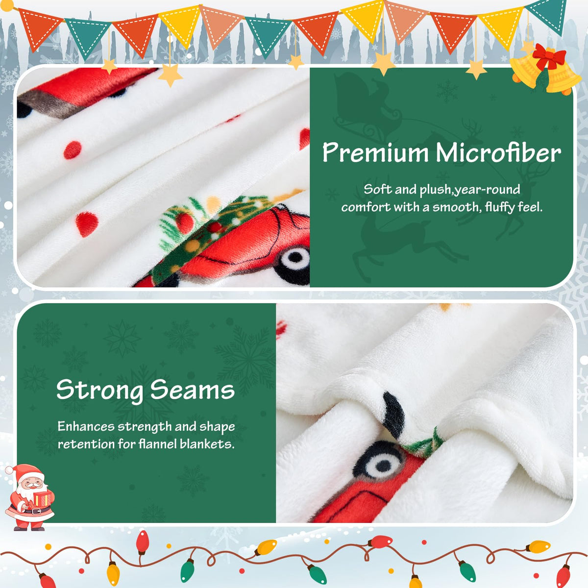 Christmas Blanket - White Holiday Throw with Santa Claus &amp; Snowman