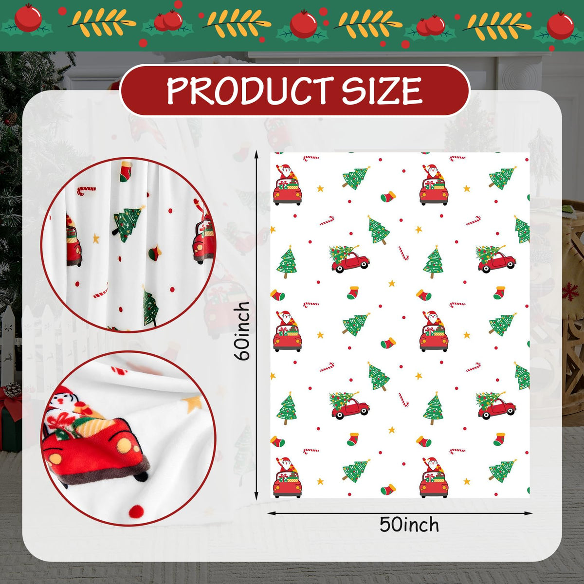 Christmas Blanket - White Holiday Throw with Santa Claus &amp; Snowman
