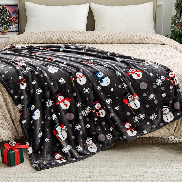 Grey Christmas Throw Blanket - Soft Warm Cozy Fleece Winter Throw, Holiday Blanket with Snowman And Snowflake