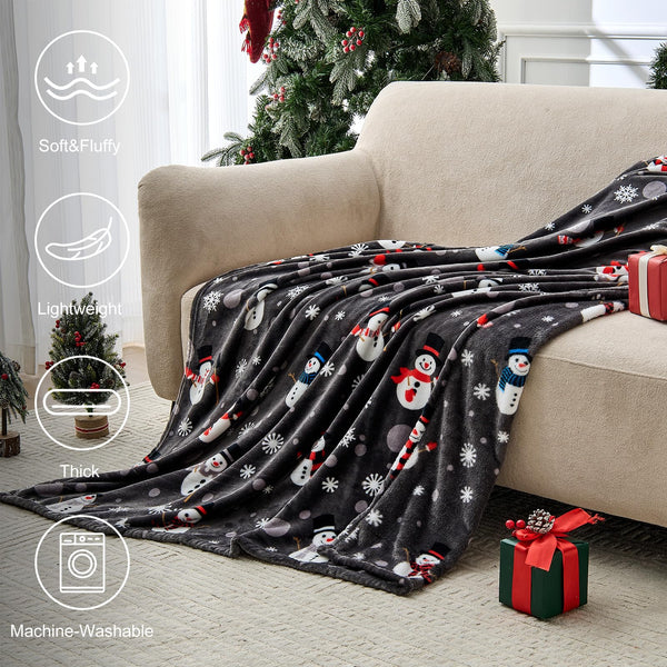 Grey Christmas Throw Blanket - Soft Warm Cozy Fleece Winter Throw, Holiday Blanket with Snowman And Snowflake