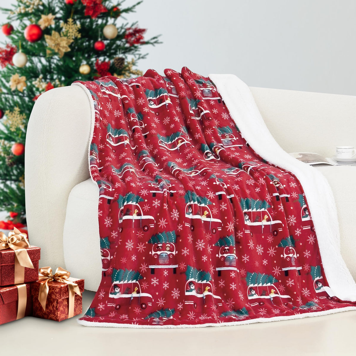 Christmas Throw Blanket 50x60 - Fluffy Sherpa Fleece Blanket for Couch Bed, Cozy Soft Plaid Gingerbread Xmas Tree Blanket