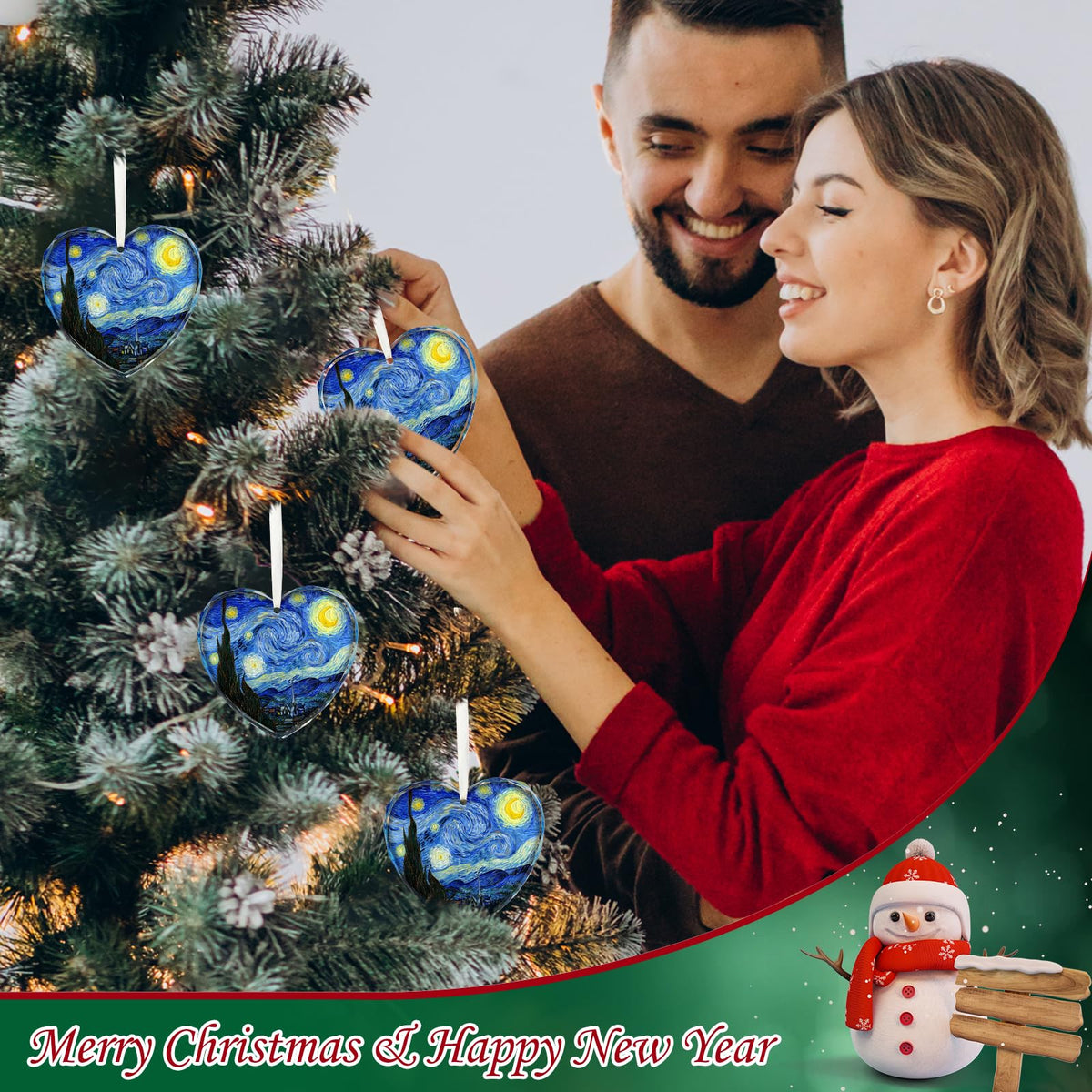 Starry Night Heart Christmas Ornaments, Crystal Glass Art Ornament for Tree, Elegant Artist Ornament Gift with Gift Box