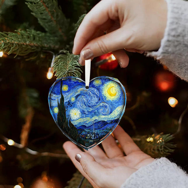 Starry Night Heart Christmas Ornaments, Crystal Glass Art Ornament for Tree, Elegant Artist Ornament Gift with Gift Box