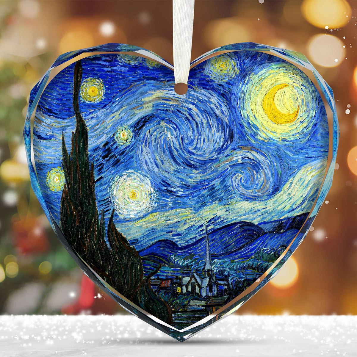 Starry Night Heart Christmas Ornaments, Crystal Glass Art Ornament for Tree, Elegant Artist Ornament Gift with Gift Box