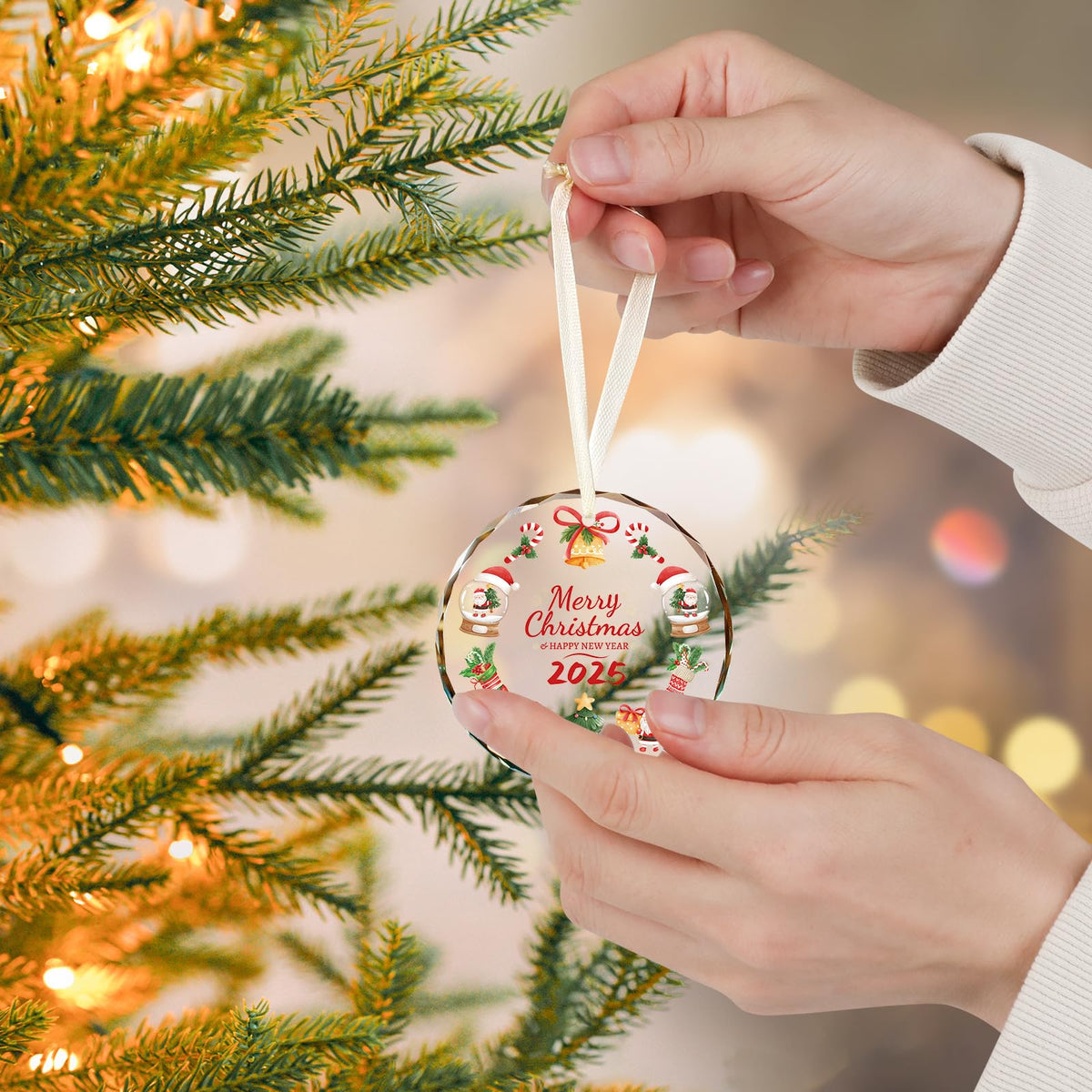 Merry Christmas Christmas Ornaments, 2025 Glass Christmas Ornament, 3 Inch Crystal Round Tree Decoration with Gift Box