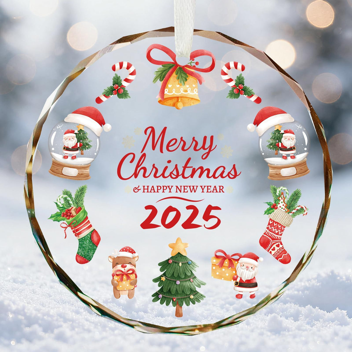 Merry Christmas Christmas Ornaments, 2025 Glass Christmas Ornament, 3 Inch Crystal Round Tree Decoration with Gift Box