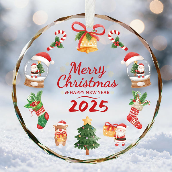 Merry Christmas Christmas Ornaments, 2025 Glass Christmas Ornament, 3 Inch Crystal Round Tree Decoration with Gift Box