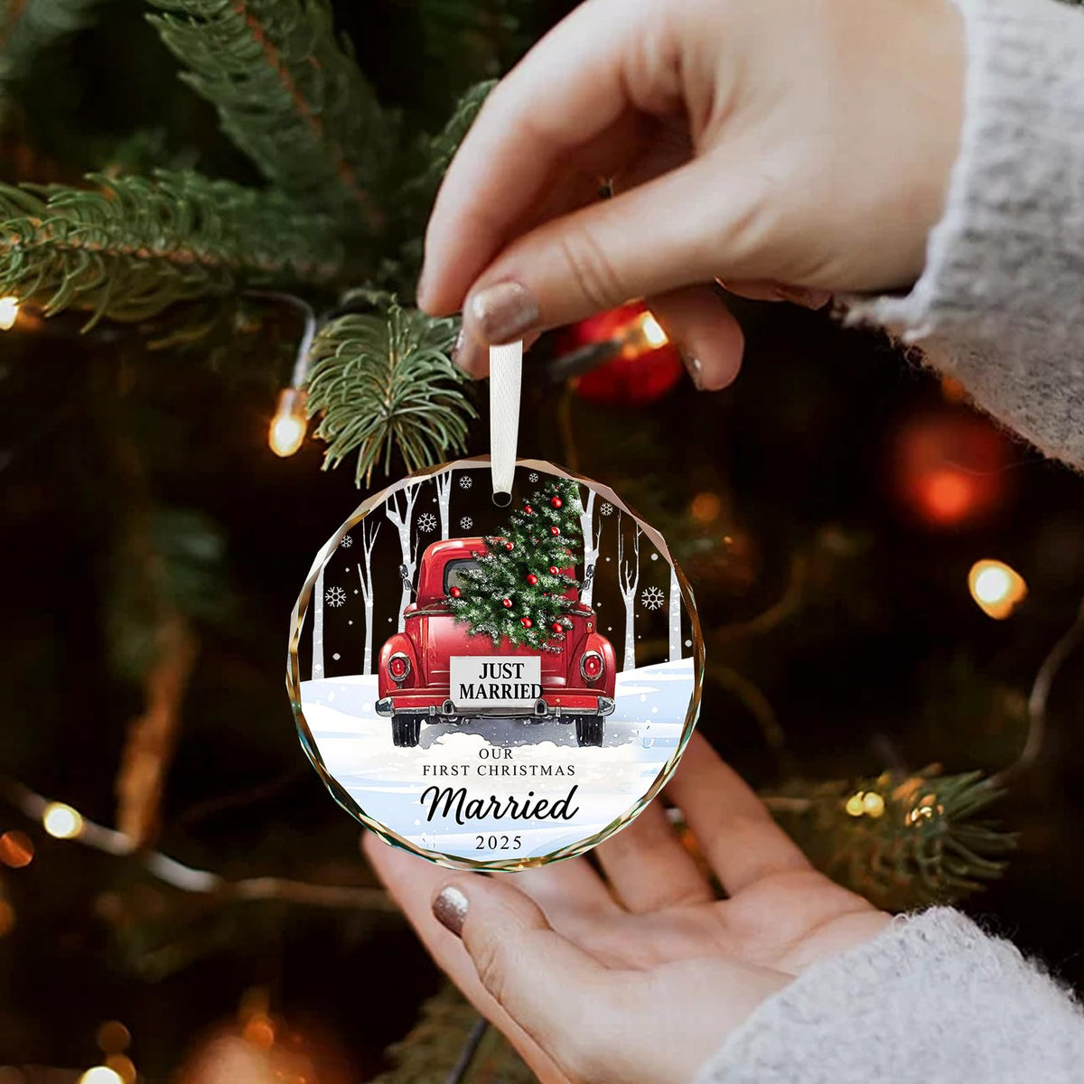 First Christmas Married Ornament 2025, Crystal Glass Just Married Ornament, Wedding Gifts for Couples