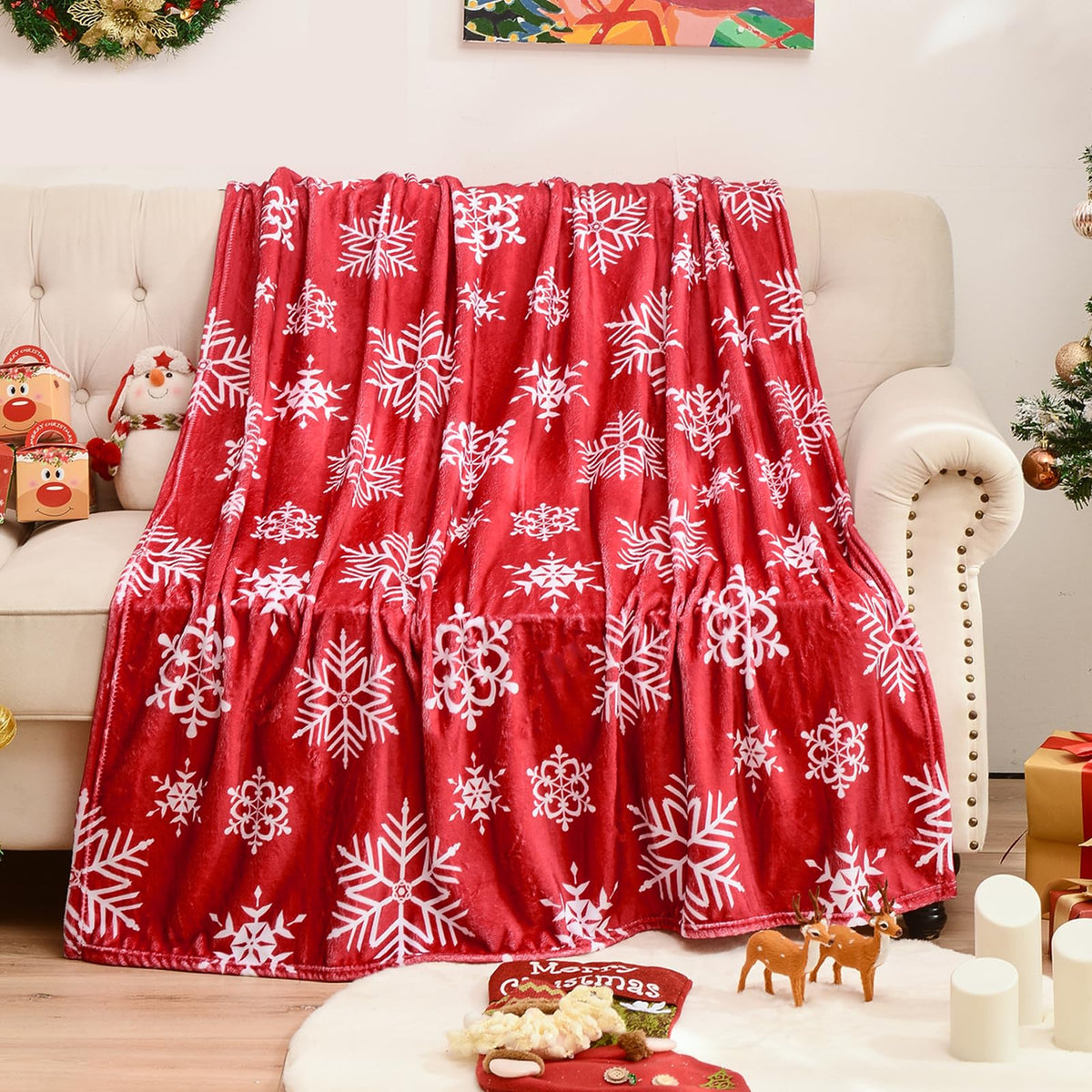 Christmas Throw Blanket for Couch, Soft Fuzzy Cozy Blankets for Winter, Red Snowflakes Pattern