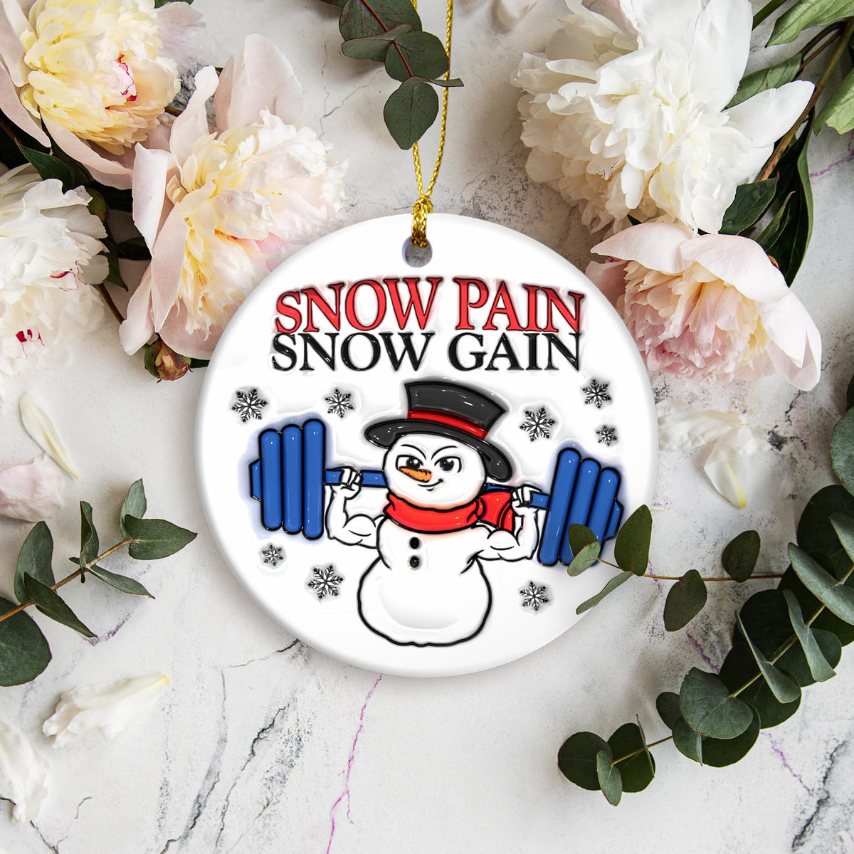 Snowman Exercise and Fitness Ornaments 2025 | Snow Pain Snow Gain, Snowman 3D Weight Lifting Christmas Ornament