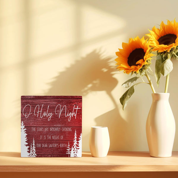 O Holy Night Wooden Box Sign, Red Christmas Decor for Home, 5x5 Inch