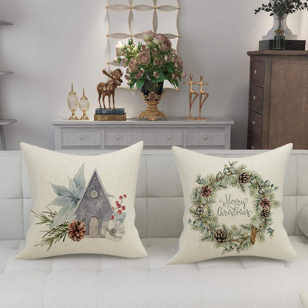 Christmas Pillow Covers 18x18 inch Set of 4 Candi Garland Farmhouse Decorative Throw Pillow Cover