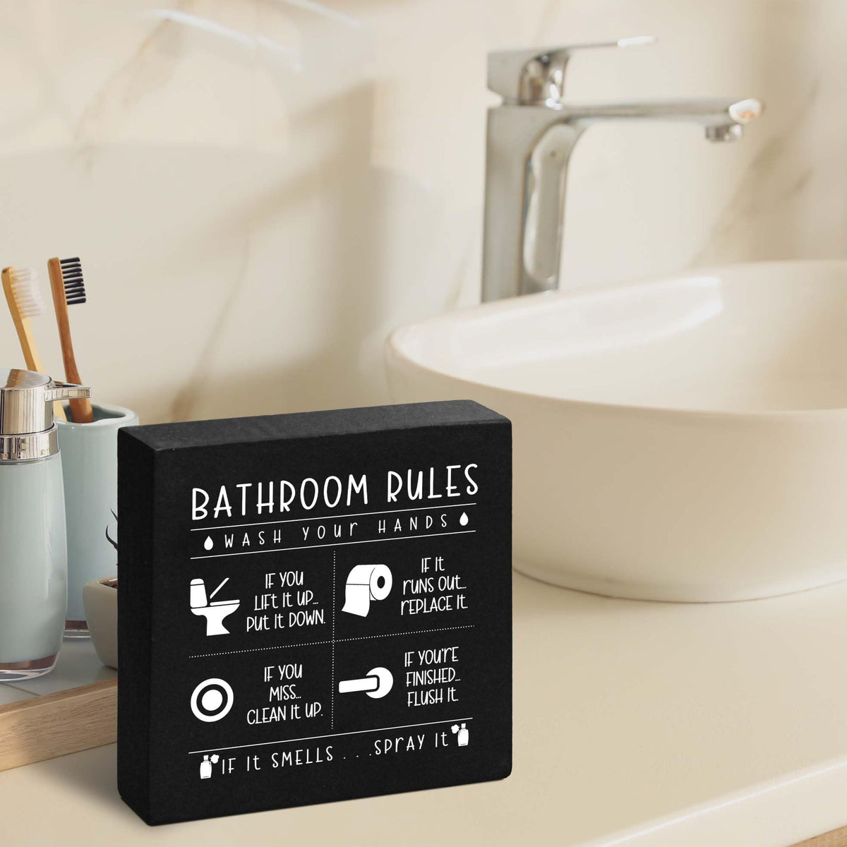 Funny Restroom Black Wooden Box Sign, Farmhouse Rustic home Decor, House Decor For Bathroom Toilet Washing Basin Shelf Table