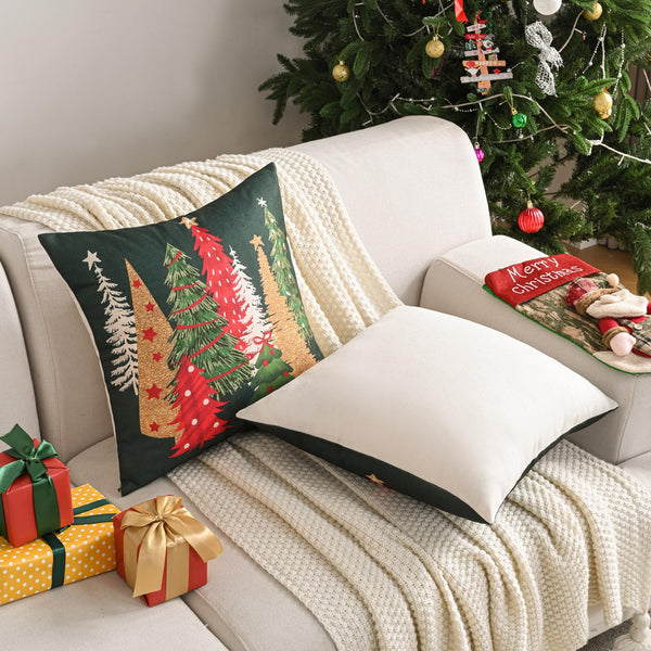 Decorative Christmas Tree Pillow Covers 18x18 Inch Set of 2, Christmas Green Linen Cushion Cases, Winter Christmas Throw Pillows
