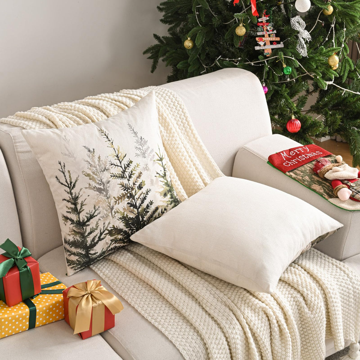 Decorative Christmas Tree Pillow Covers 18x18 Inch Set of 2,Christmas Cotton Linen Cushion Cases, Red Winter Christmas Throw Pillows