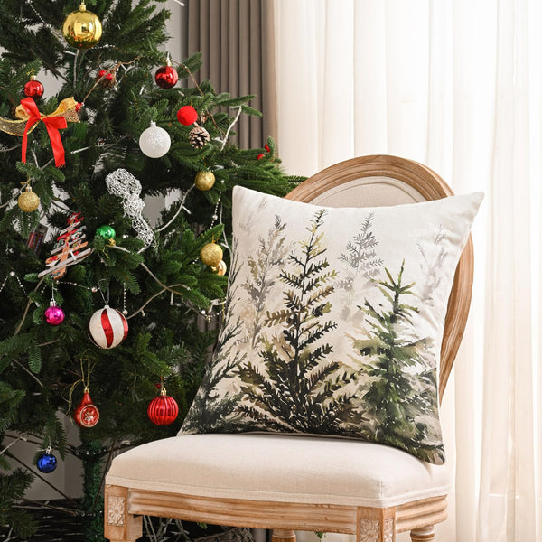 Decorative Christmas Tree Pillow Covers 18x18 Inch Set of 2,Christmas Cotton Linen Cushion Cases, Red Winter Christmas Throw Pillows