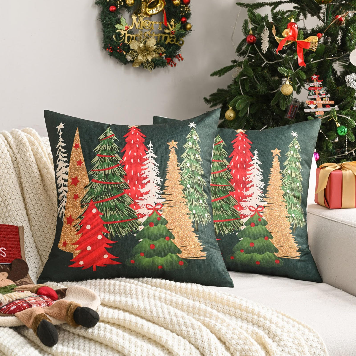 Decorative Christmas Tree Pillow Covers 18x18 Inch Set of 2, Christmas Green Linen Cushion Cases, Winter Christmas Throw Pillows