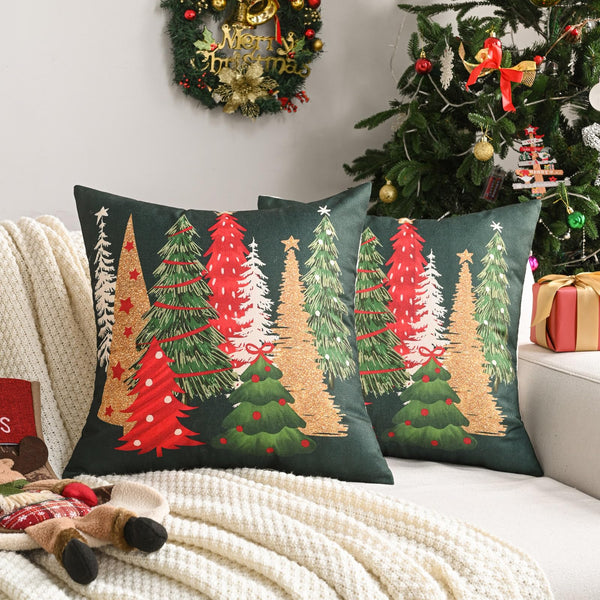 Decorative Christmas Tree Pillow Covers 18x18 Inch Set of 2, Christmas Green Linen Cushion Cases, Winter Christmas Throw Pillows