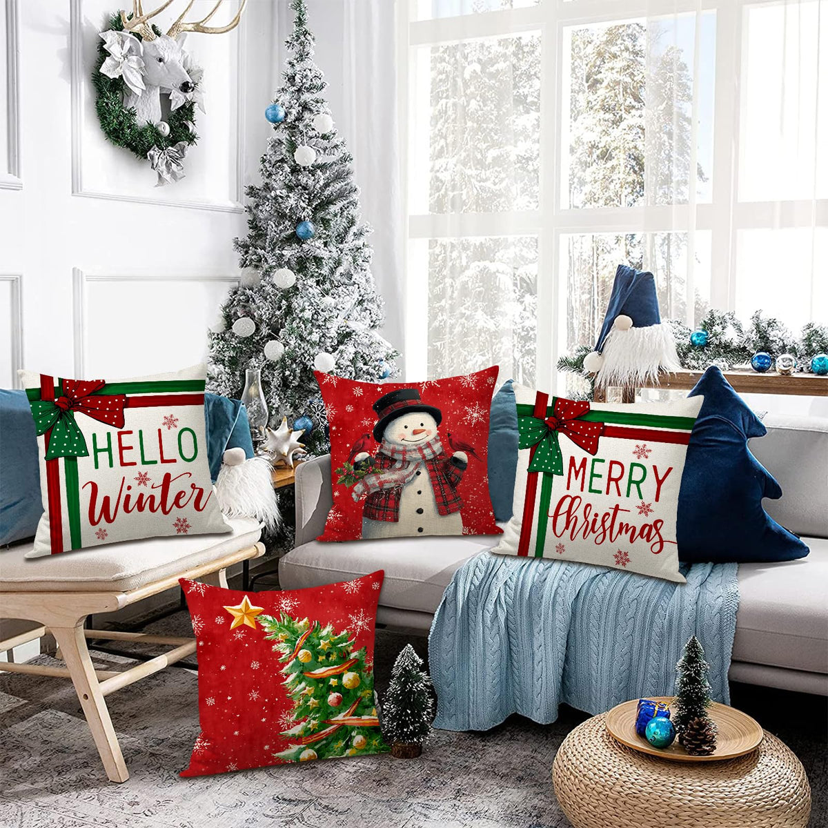 Merry Christmas Pillow Covers 18x18 Inch Snowman Hello Winter Tree Throw Pillow Cases