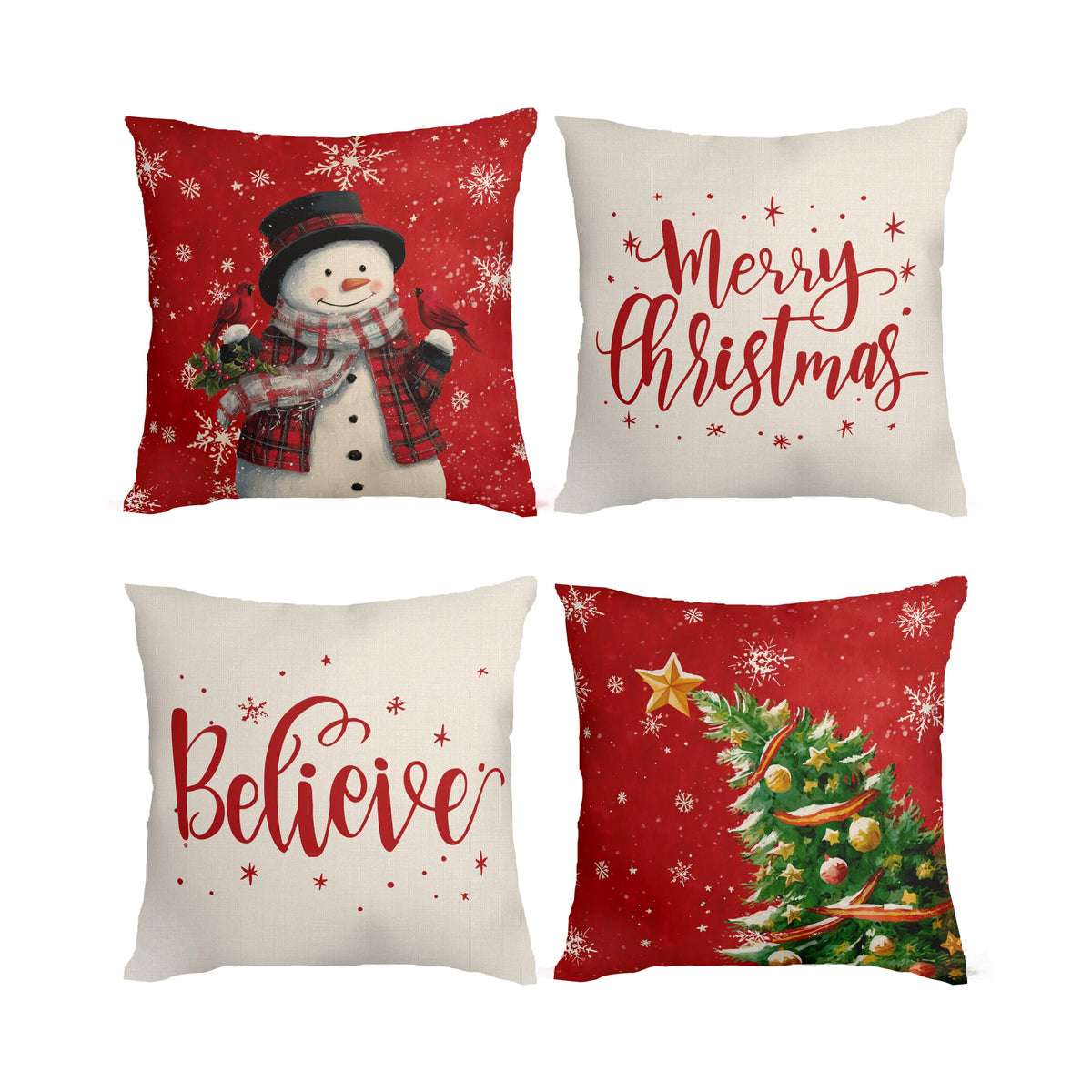 Merry Christmas Pillow Covers 18x18 Inch Snowman Christmas Tree Star Balls Throw Pillow Cases