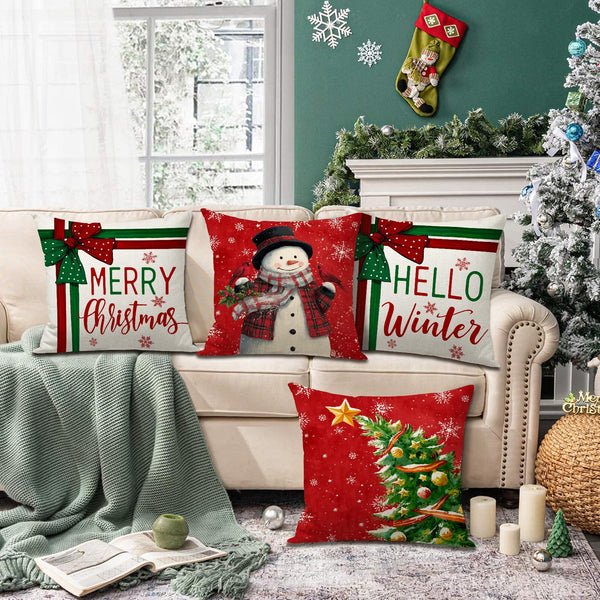 Merry Christmas Pillow Covers 18x18 Inch Snowman Hello Winter Tree Throw Pillow Cases
