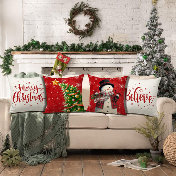 Christmas Throw Pillow Covers 18x18 in Set of 4 Decorations,Decorative Snowman Santa Pillow Case